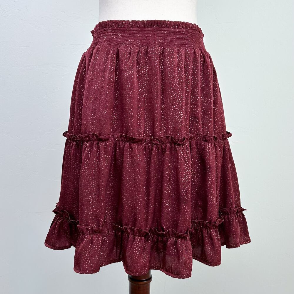 Blu Pepper LARGE Satin Wine Gold Metallic Smocked Elastic Waist Mini Skirt NWT